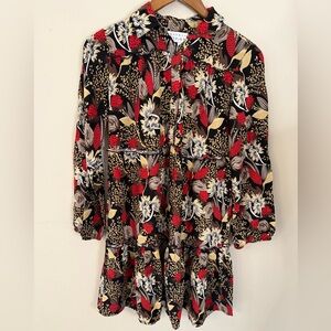 Margaux Riviera chic floral midi dress black red yellow brown button front SZ SM